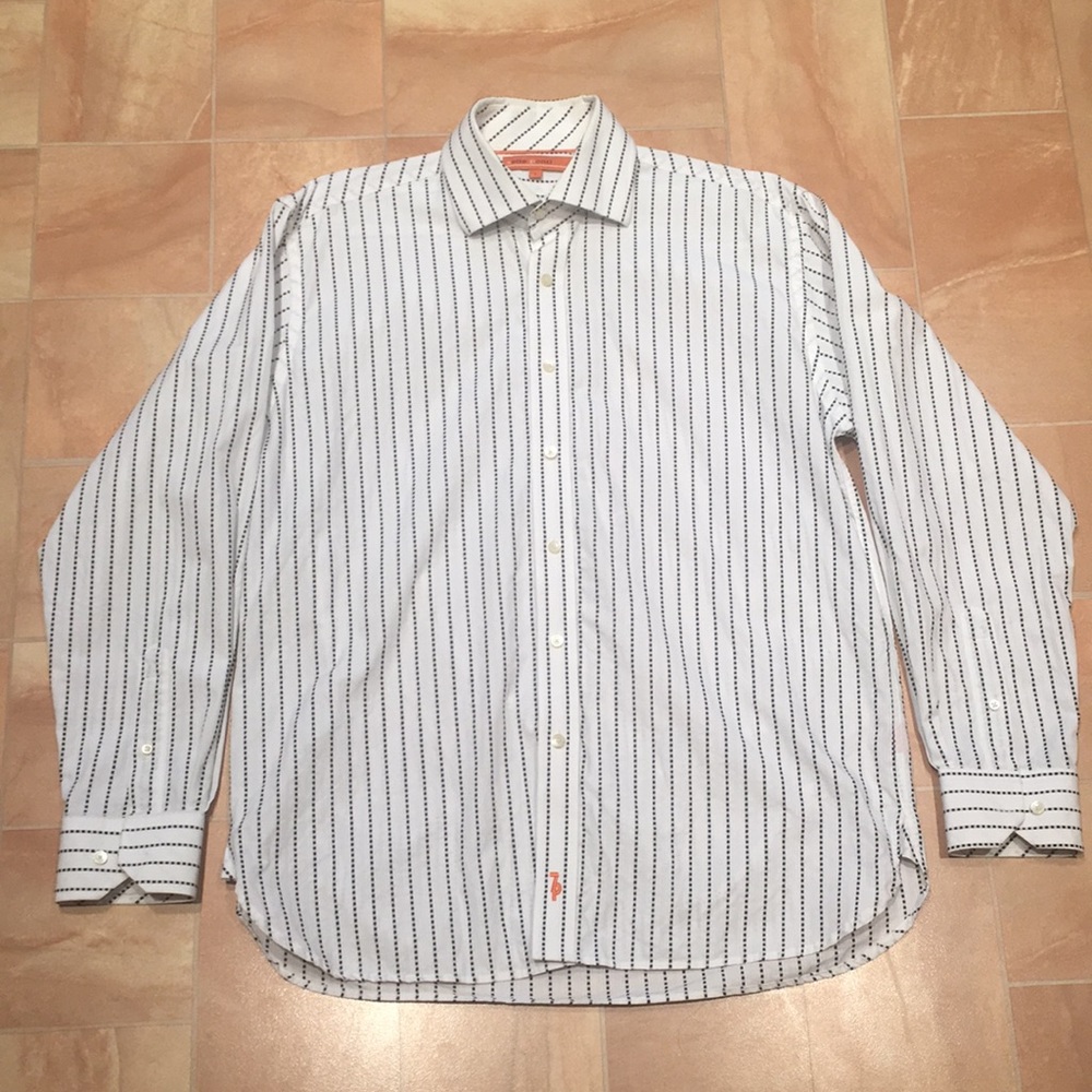Sette Ponti Men's White & Black Striped Long Sleeve Button Down Shirt